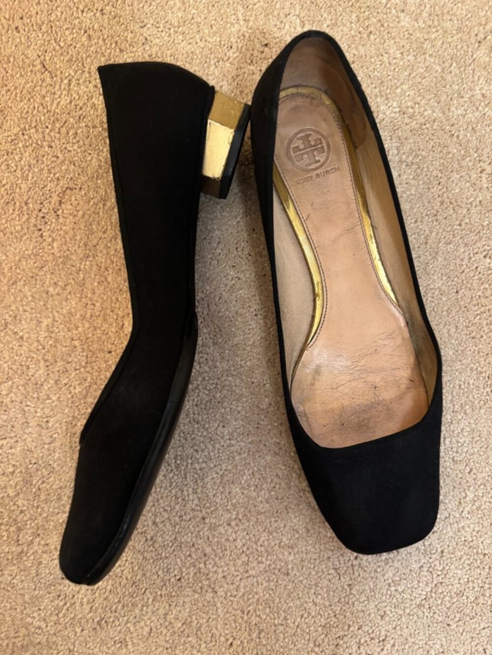 Tory Burch Black Flats Regina Square Toe Low Block Heels Size 11 - Picture 3 of 7